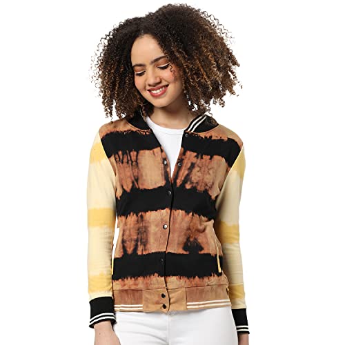 Campus Sutra Women Yellow & Beige Tie-Dye Regular Fit Cotton Jacket For Winter Wear | Full Sleeve | Buttoned | Casual Jacket For Woman & Girl 