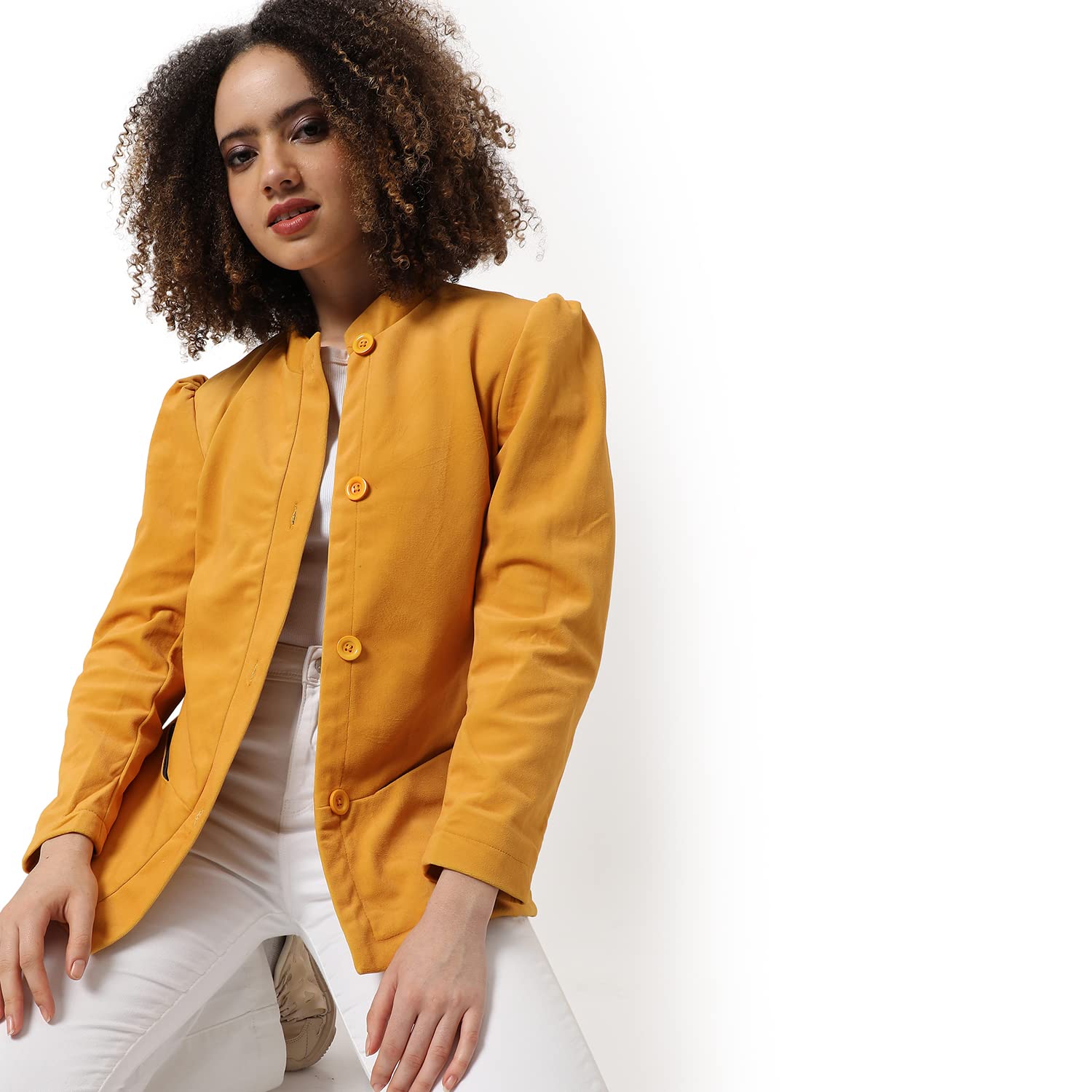 Campus Sutra Women Yellow Solid Regular Fit Blazer 