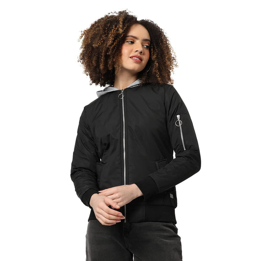 Campus Sutra Women's Black Hooded Puffer Regular Fit Bomber Jacket For Winter Wear 