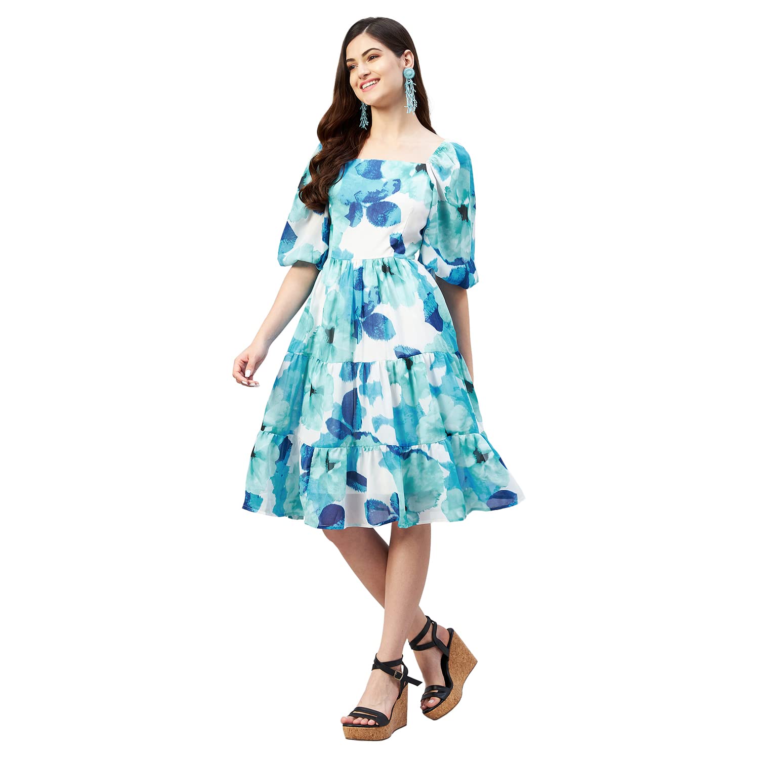 Carlton London Women's Georgette Fit and Flare Knee-Length Dress (Blue) 