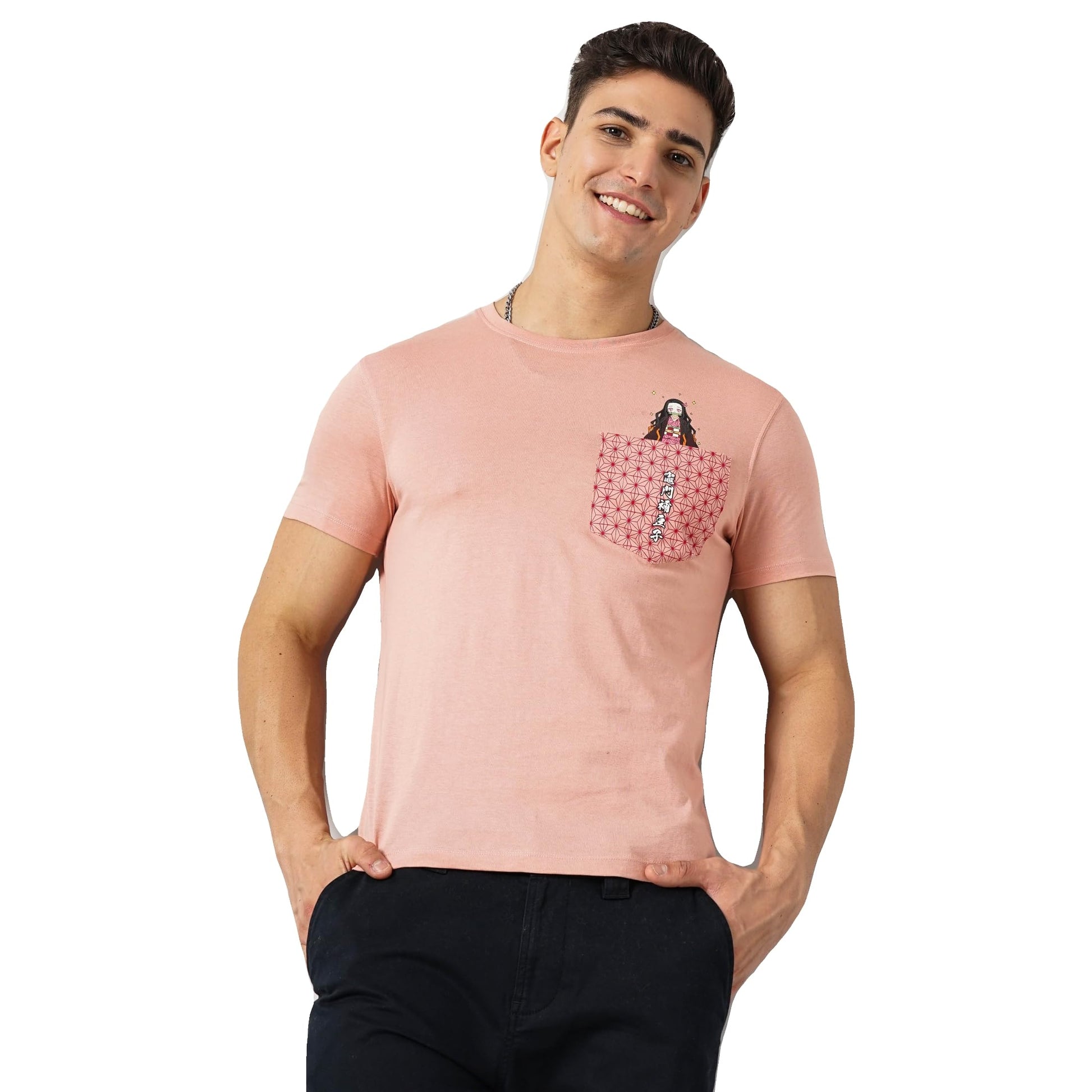 Celio Mens Demon Slayer Graphic Pink Regular Shirt 