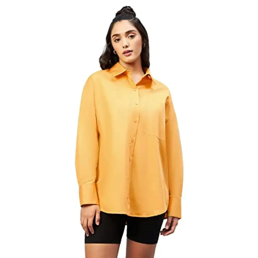 Chimpaaanzee Women Cotton Mustard Solid Oversize Fit Shirt 