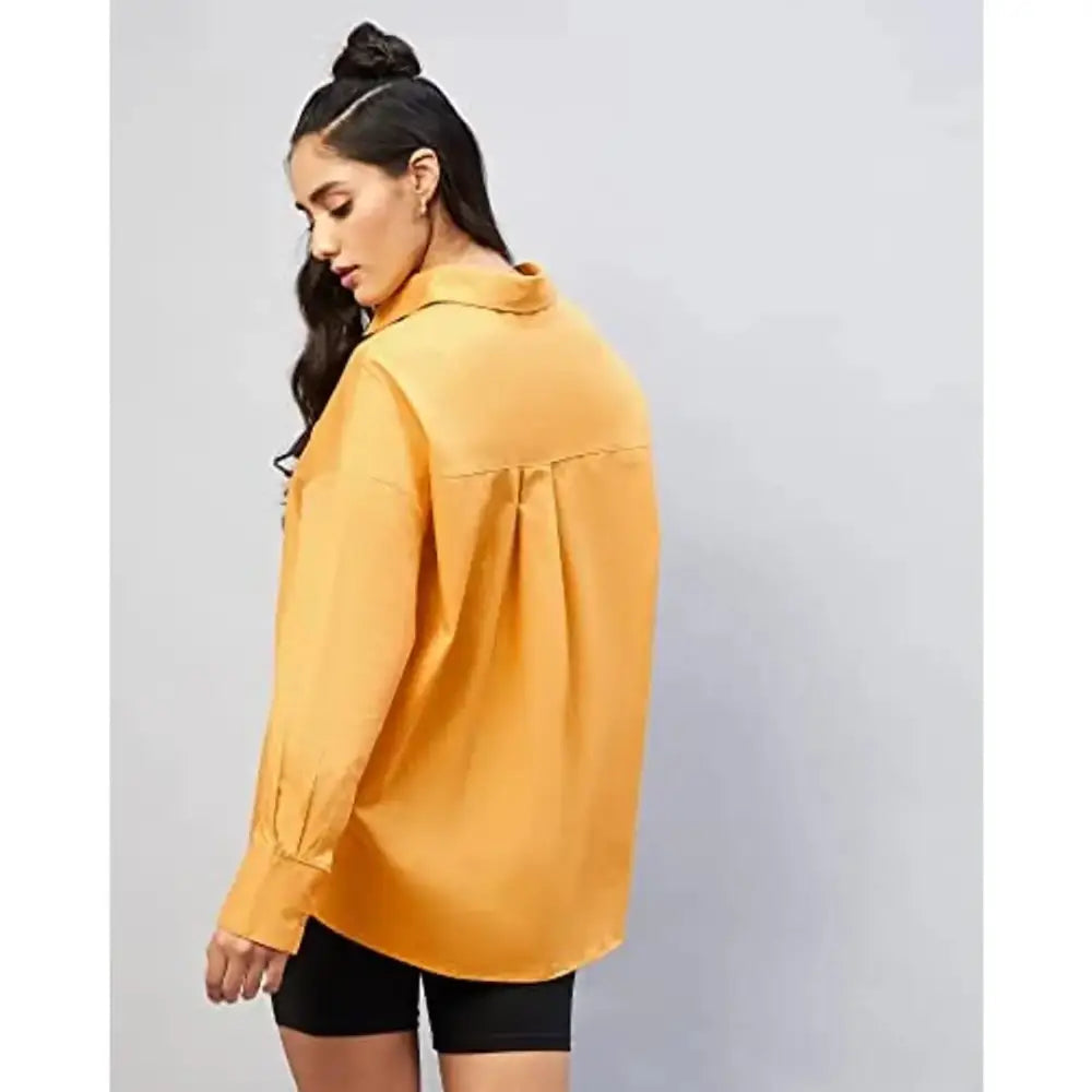 Chimpaaanzee Women Cotton Mustard Solid Oversize Fit Shirt 