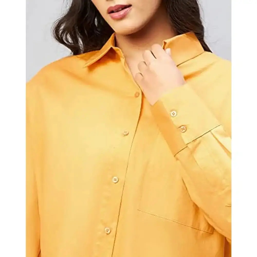 Chimpaaanzee Women Cotton Mustard Solid Oversize Fit Shirt 