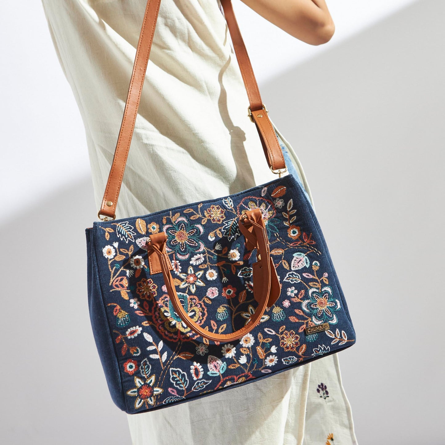 Chumbak Batik Bloom Embroidered Tote|Navy 