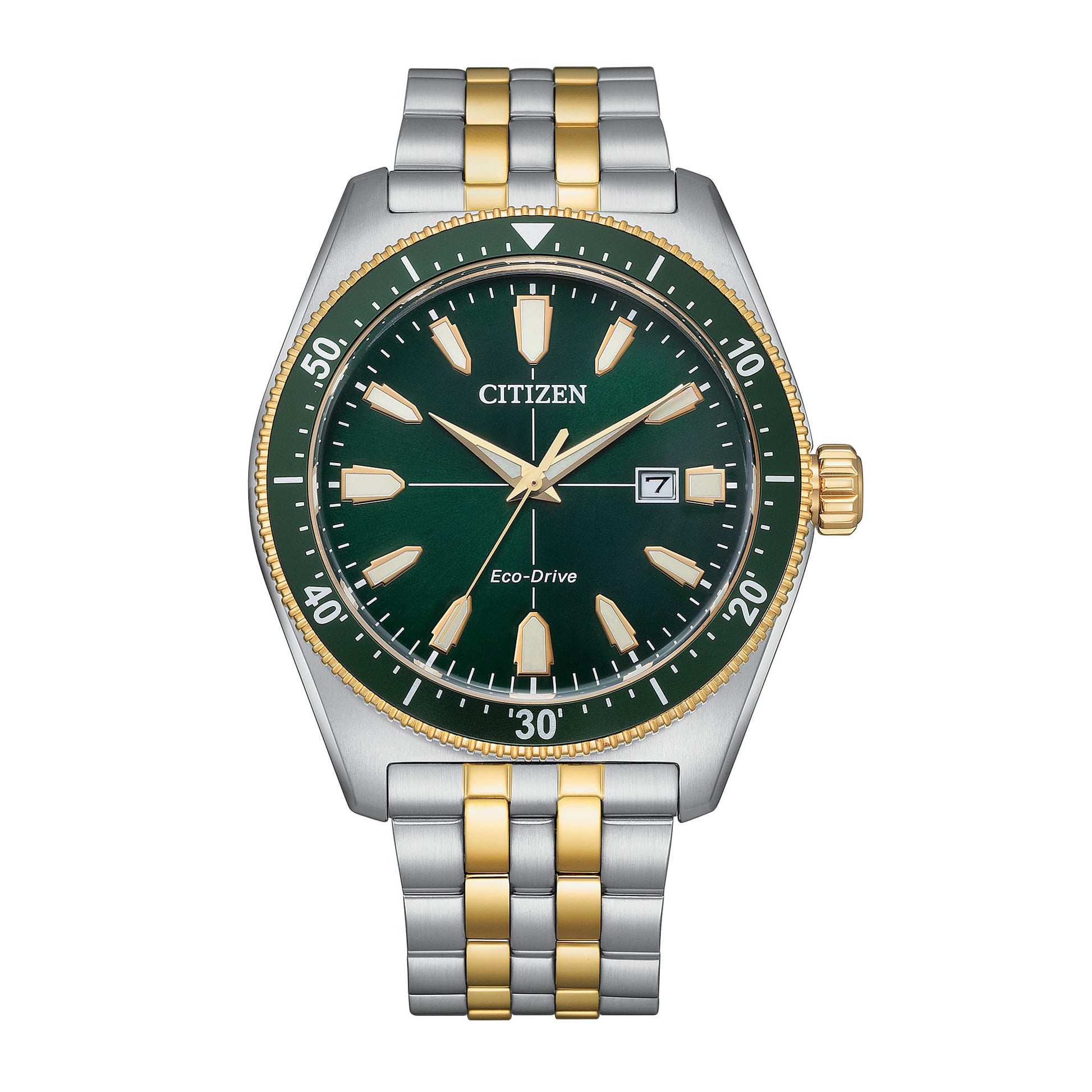 Citizen Eco-Drive Men's Sport Casual Brycen Two-Tone Gold Stainless Steel with Green Dial Watch, 3-Hand Date, Luminous, 43mm 