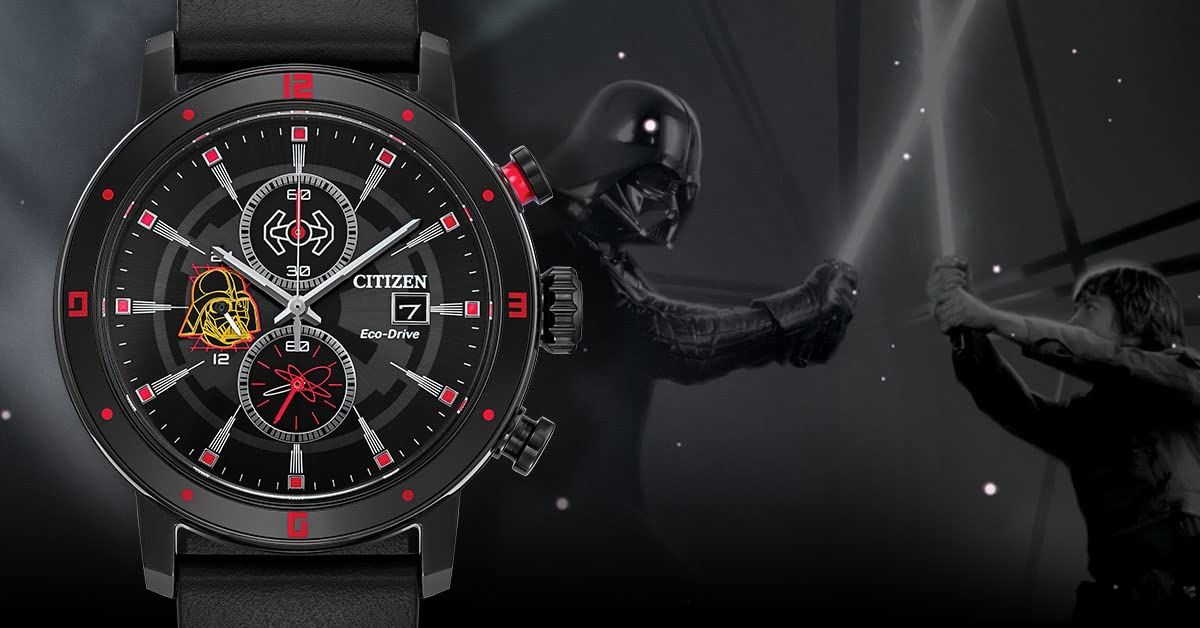 Citizen Eco-Drive Men's Star Wars Darth Vader Chronograph Watch with Black Ion Plated Case, Red Accents and Black Leather Strap, Luminous, Date, 44mm 