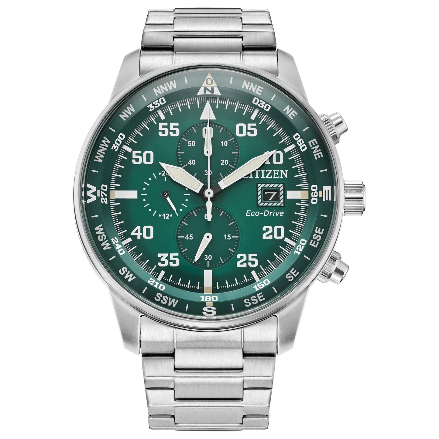 Citizen Men's Eco-Drive Sport Casual Brycen Weekender Chronograph Stainless Steel with Green Dial Watch, 12/24 Hour Time, Date, Luminous Markers, 44mm 