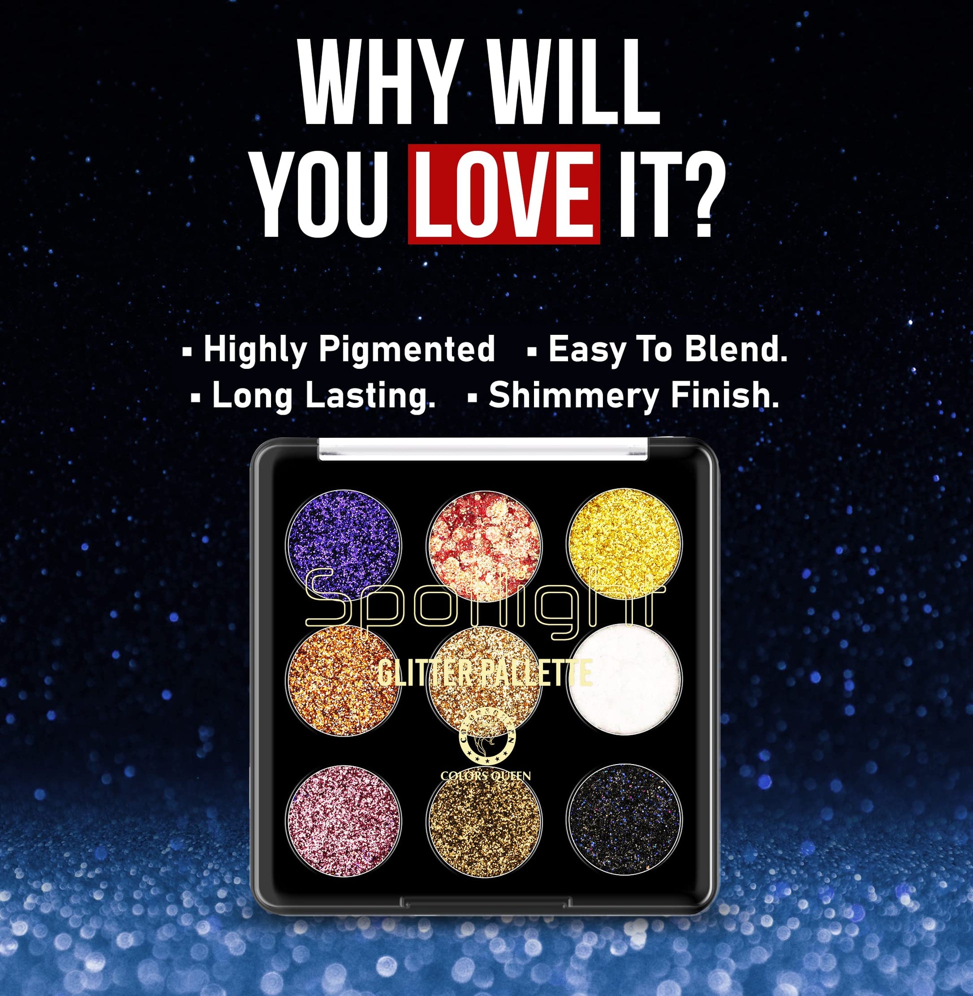 Colors Queen Glitter Eyeshadow Palette, 9 Glitter Eyeshades| Shimmery Finish, Blendable Eyeshadow, Finely Pressed & Pigmented Glitter Shades (15 Gram) 