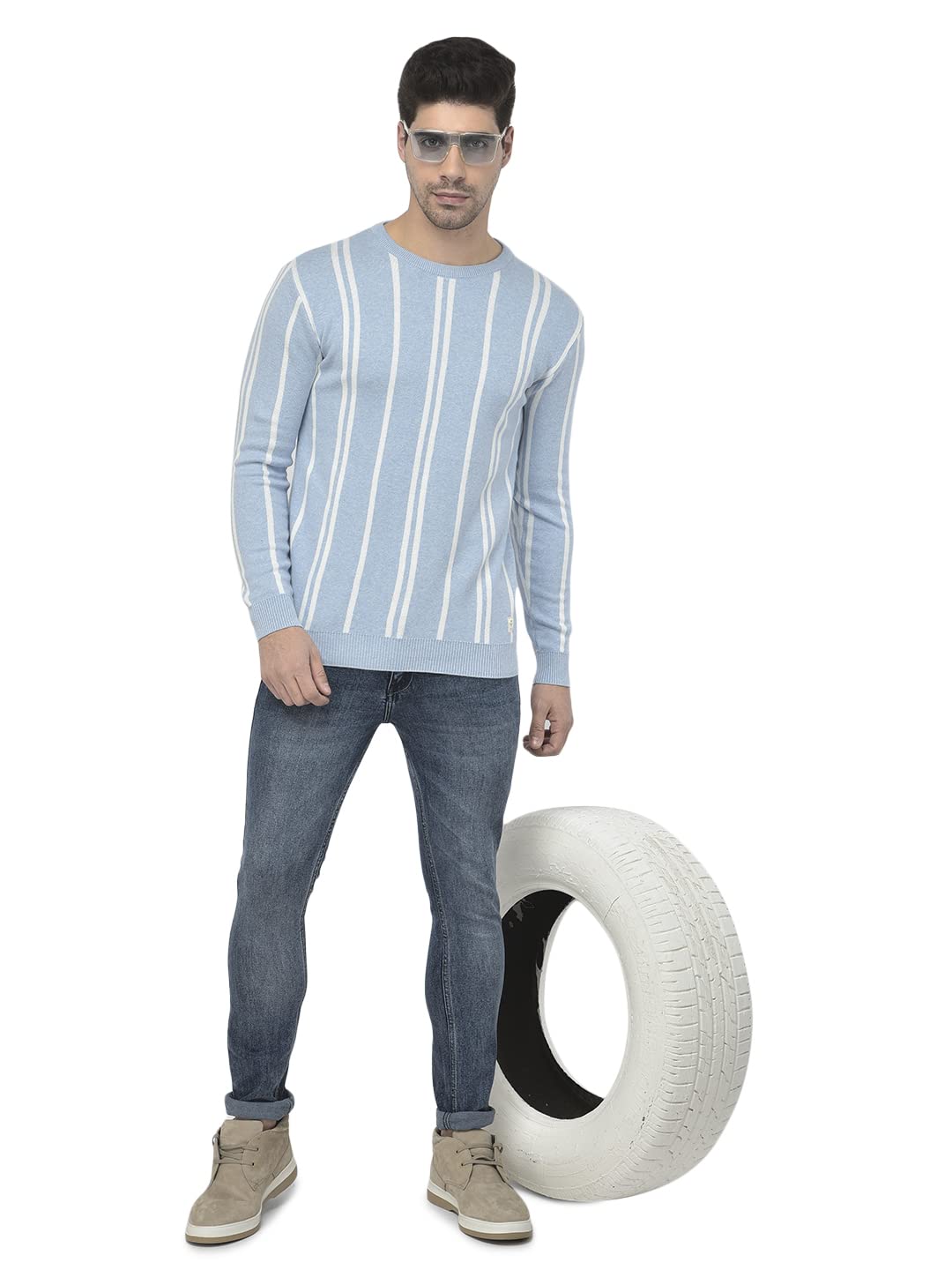 Crimsoune Club Mens Blue Striped Round Neck Sweater 
