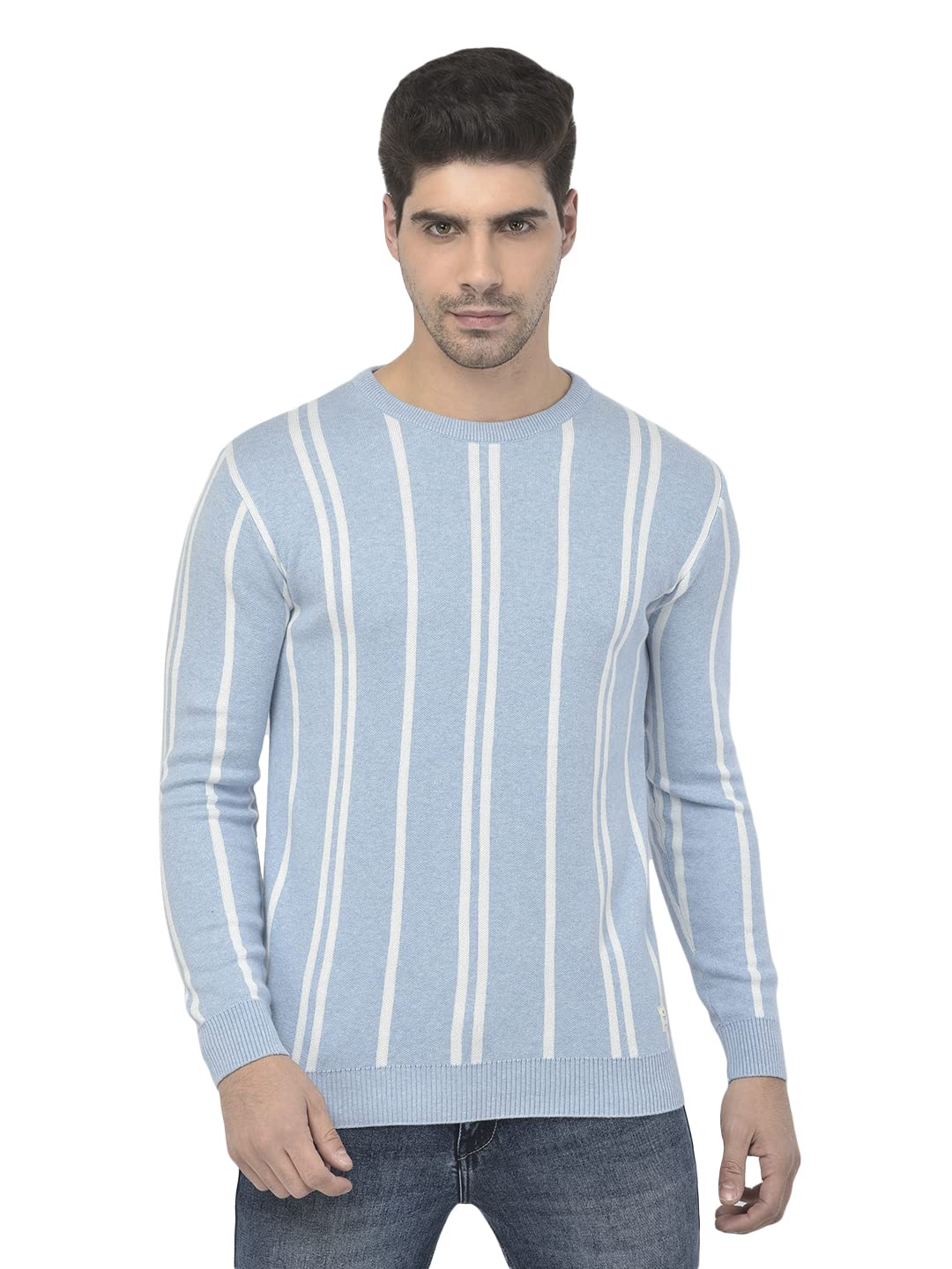 Crimsoune Club Mens Blue Striped Round Neck Sweater 