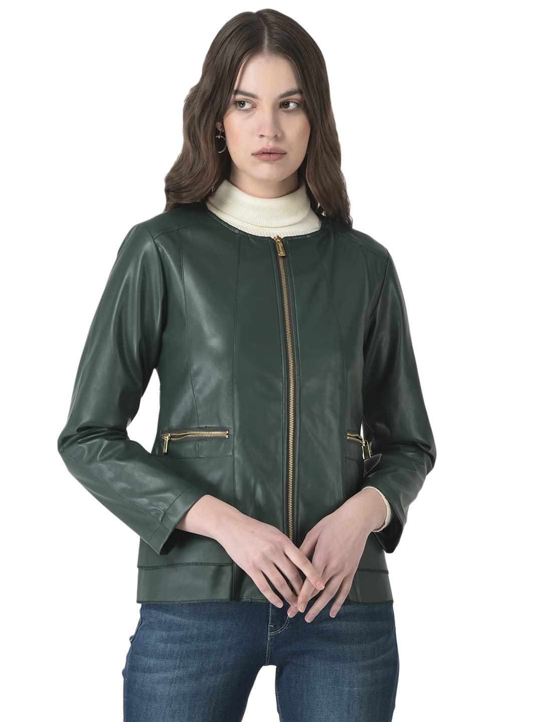 Crimsoune Club Women Green Faux Leather Jacket 