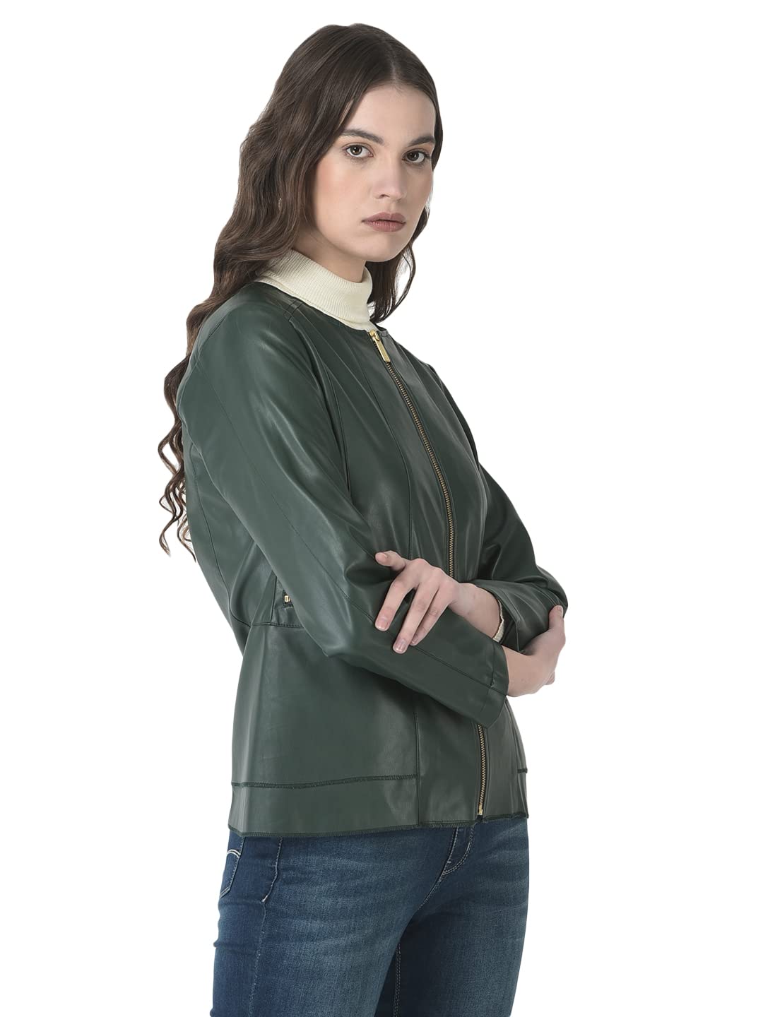 Crimsoune Club Women Green Faux Leather Jacket