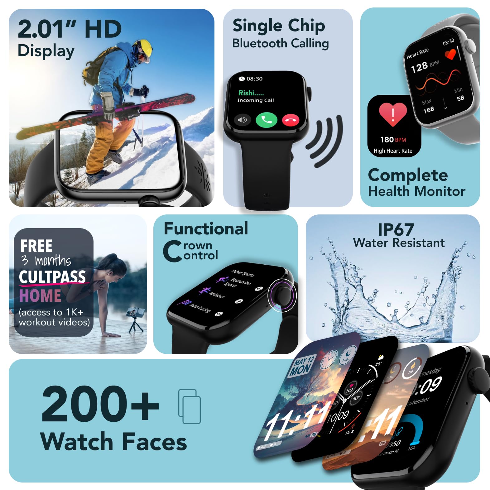 Cult.Sport Active T 2.01 HD Display, Single Chip BT Calling, Rotating Crown, 200 WatchFace Smartwatch (Blue Strap, Free Size) 