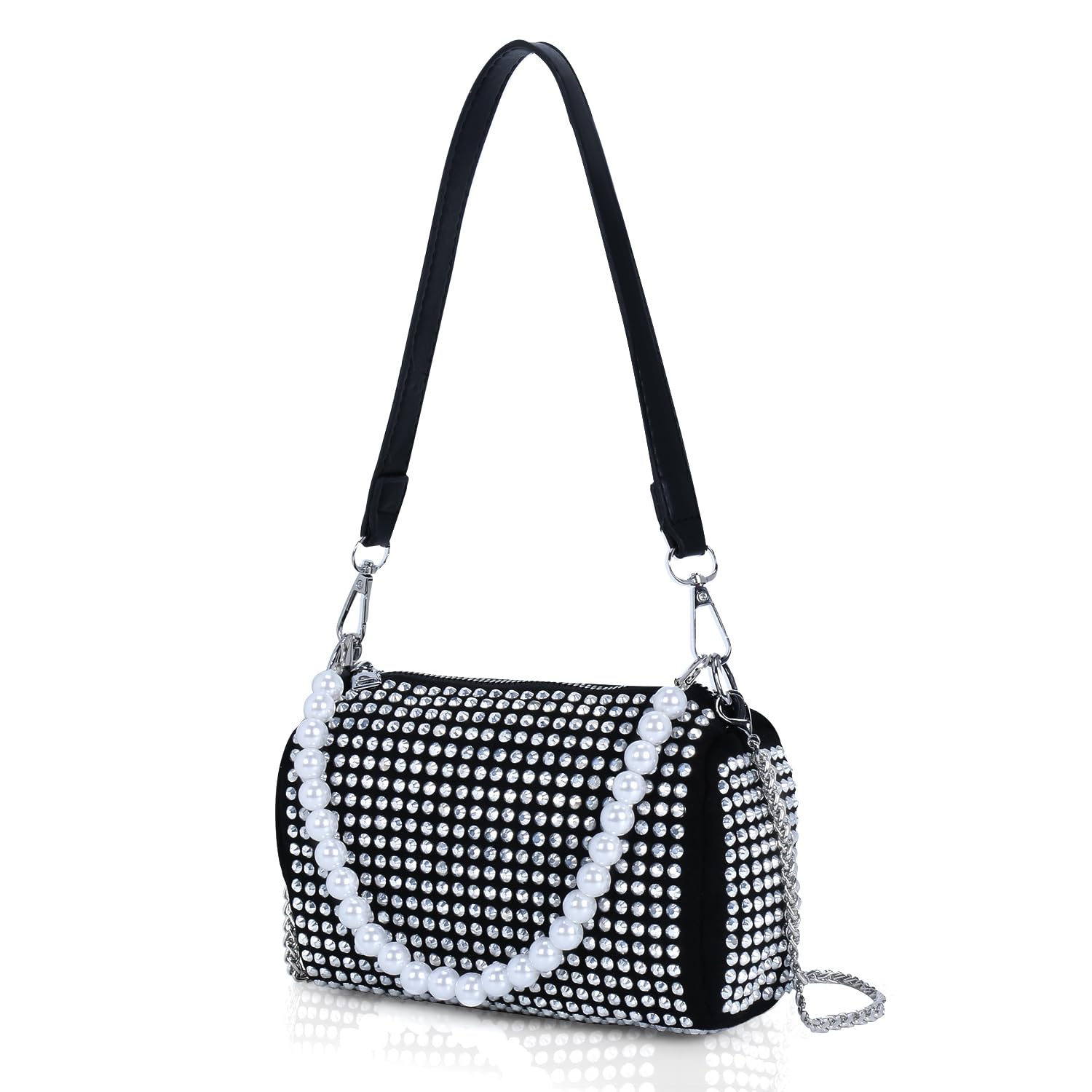 DOSYSO Crossbody sling Bag with Chain strap side Bag Evening Clutch Pearl Handle Designer Handbags for Women Stylish Latest Girls Glitter Ladies Stone Purse Wallet for Party Wedding (SILVER) 