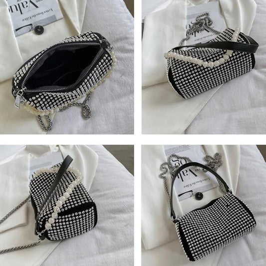 DOSYSO Crossbody sling Bag with Chain strap side Bag Evening Clutch Pearl Handle Designer Handbags for Women Stylish Latest Girls Glitter Ladies Stone Purse Wallet for Party Wedding (SILVER) 