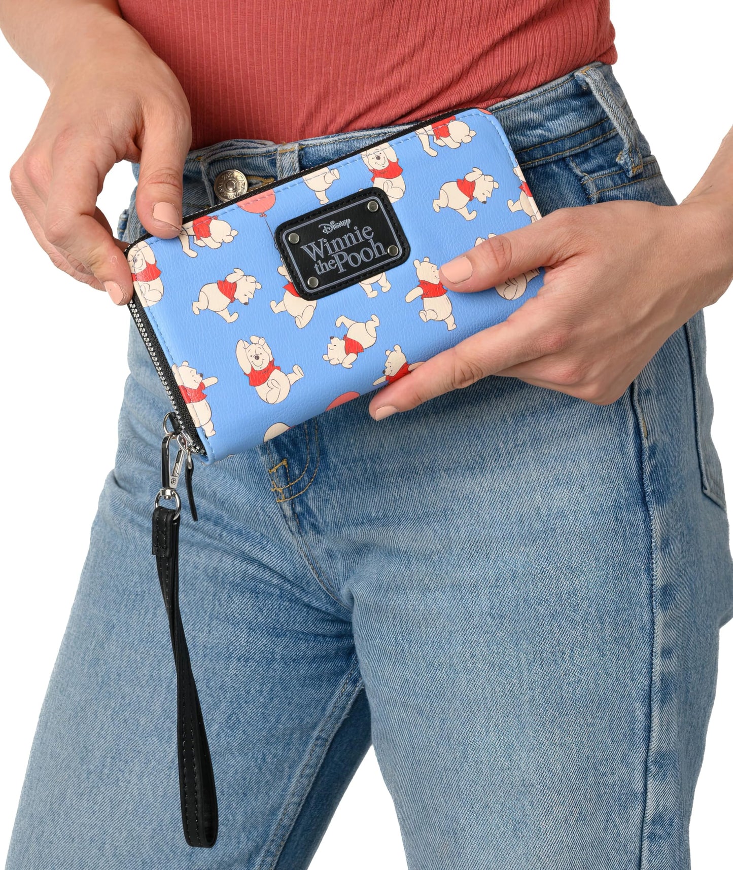 Disney Wallet Wristlet Mickey Minnie Mouse Winnie Pooh Zip Clutch Faux Leather, Winnie the Pooh Blue 