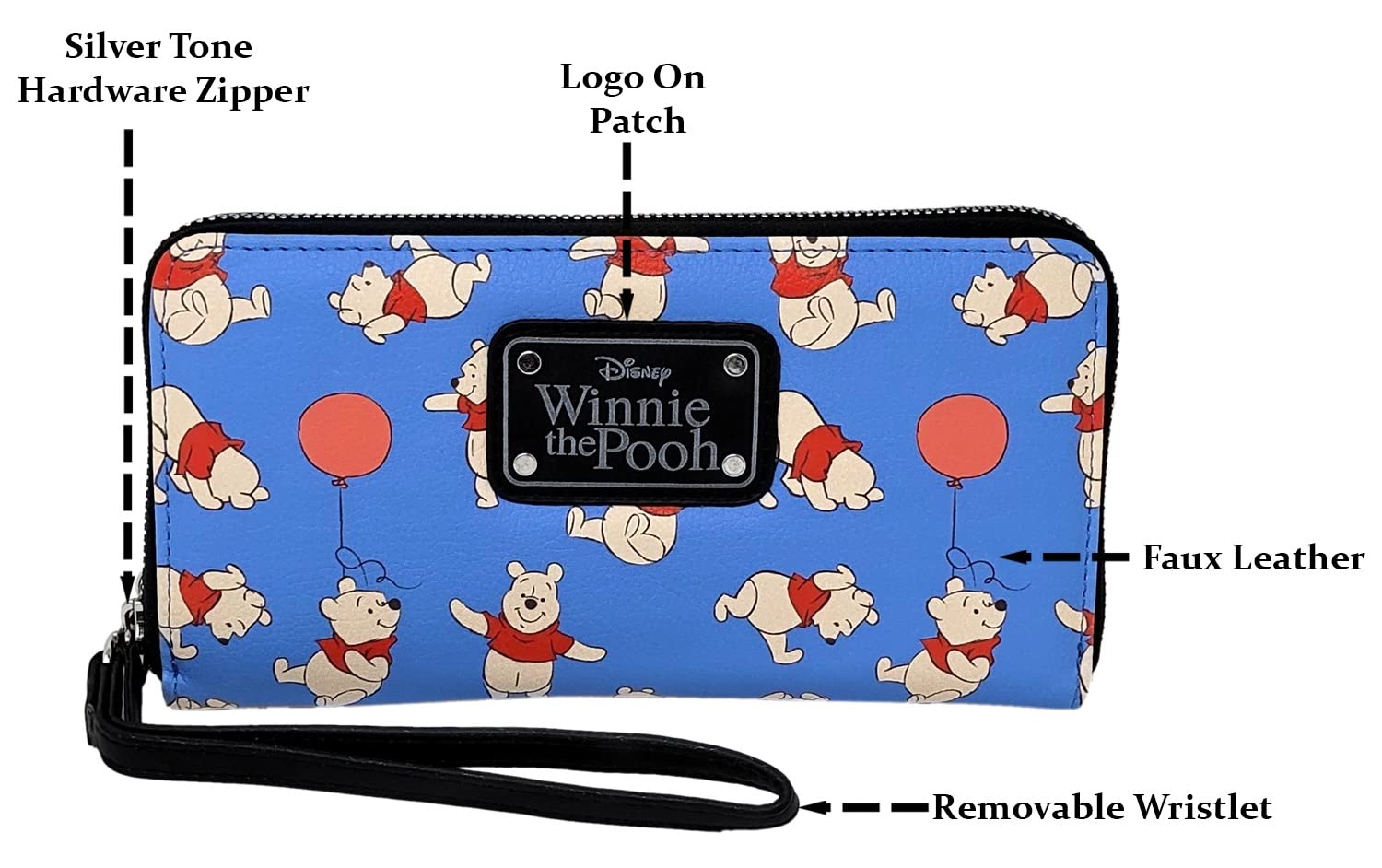 Disney Wallet Wristlet Mickey Minnie Mouse Winnie Pooh Zip Clutch Faux Leather, Winnie the Pooh Blue 