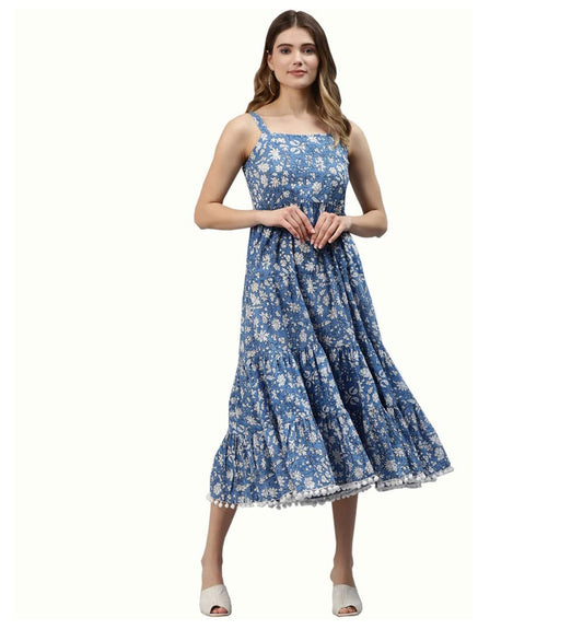 Divena Indigo Floral Printed Shoulder Strip Long Dress 