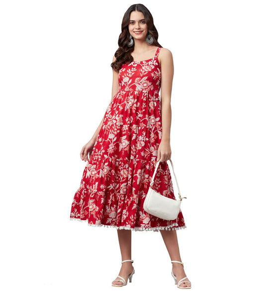 Divena Red Floral Printed Shoulder Strap Long Dress 