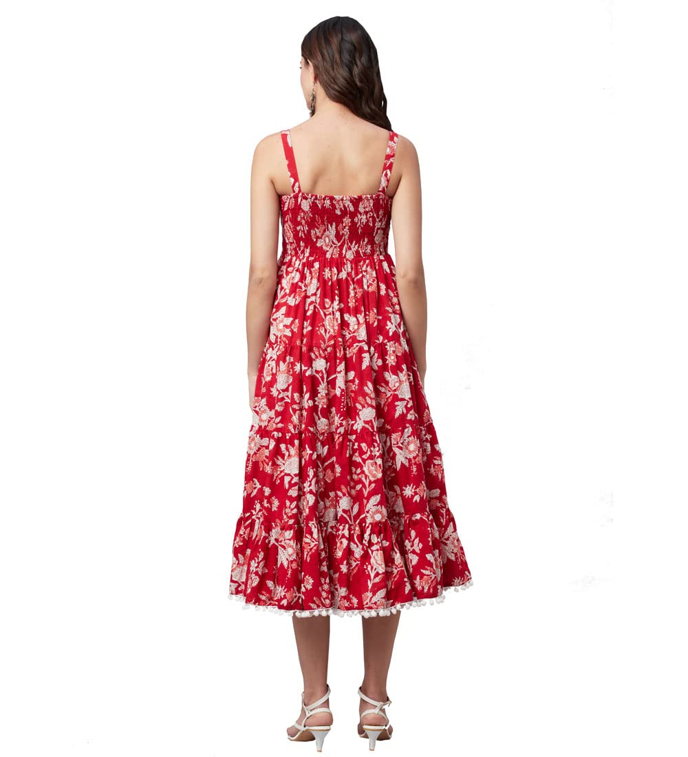 Divena Red Floral Printed Shoulder Strap Long Dress 