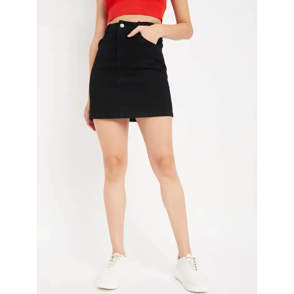 Drape and Dazzle Black Mini Skirt with Back Slit | Denim Skirt with 4 Pocket for Women 