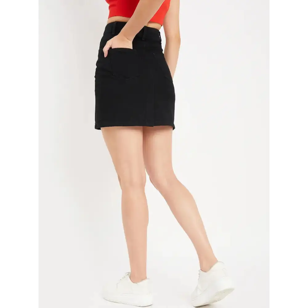 Drape and Dazzle Black Mini Skirt with Back Slit | Denim Skirt with 4 Pocket for Women 