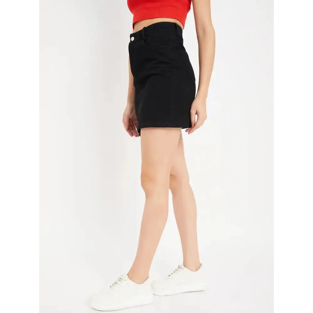 Drape and Dazzle Black Mini Skirt with Back Slit | Denim Skirt with 4 Pocket for Women 