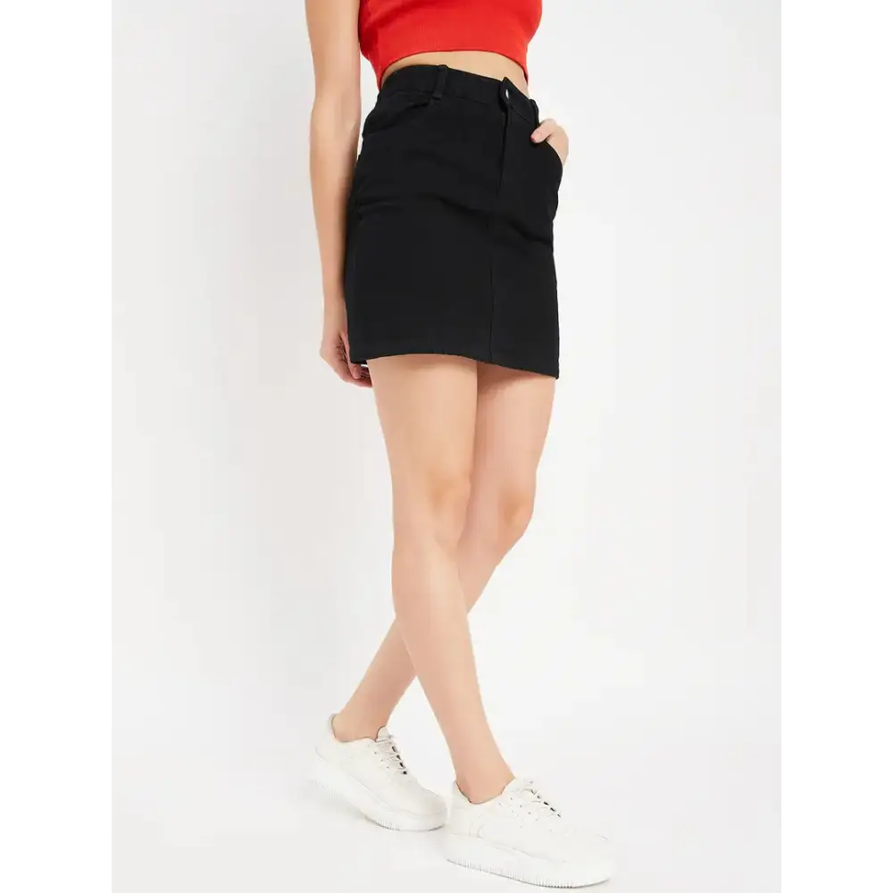 Drape and Dazzle Black Mini Skirt with Back Slit | Denim Skirt with 4 Pocket for Women 