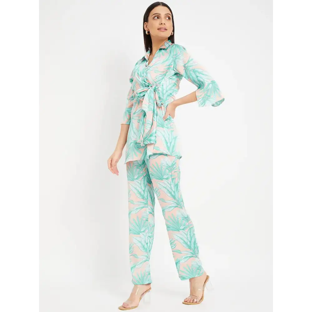 Drape and Dazzle Multicolor Floral Printed Co-ord Set with Stylish Tie Knot on Front | Party Wear Co-ord Set for Women 