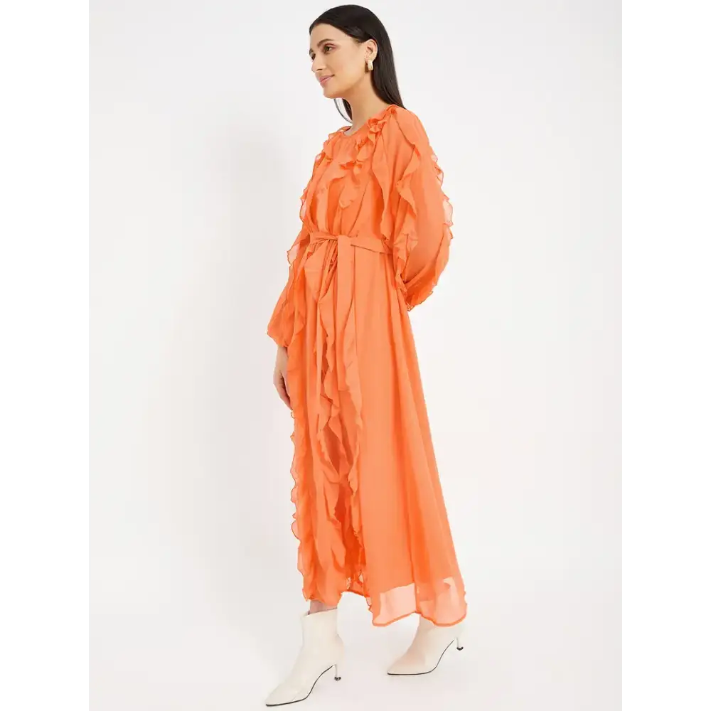 Drape and Dazzle Orange Stylish GGT Long Dress with Ruffle | Designer Dress for Women 