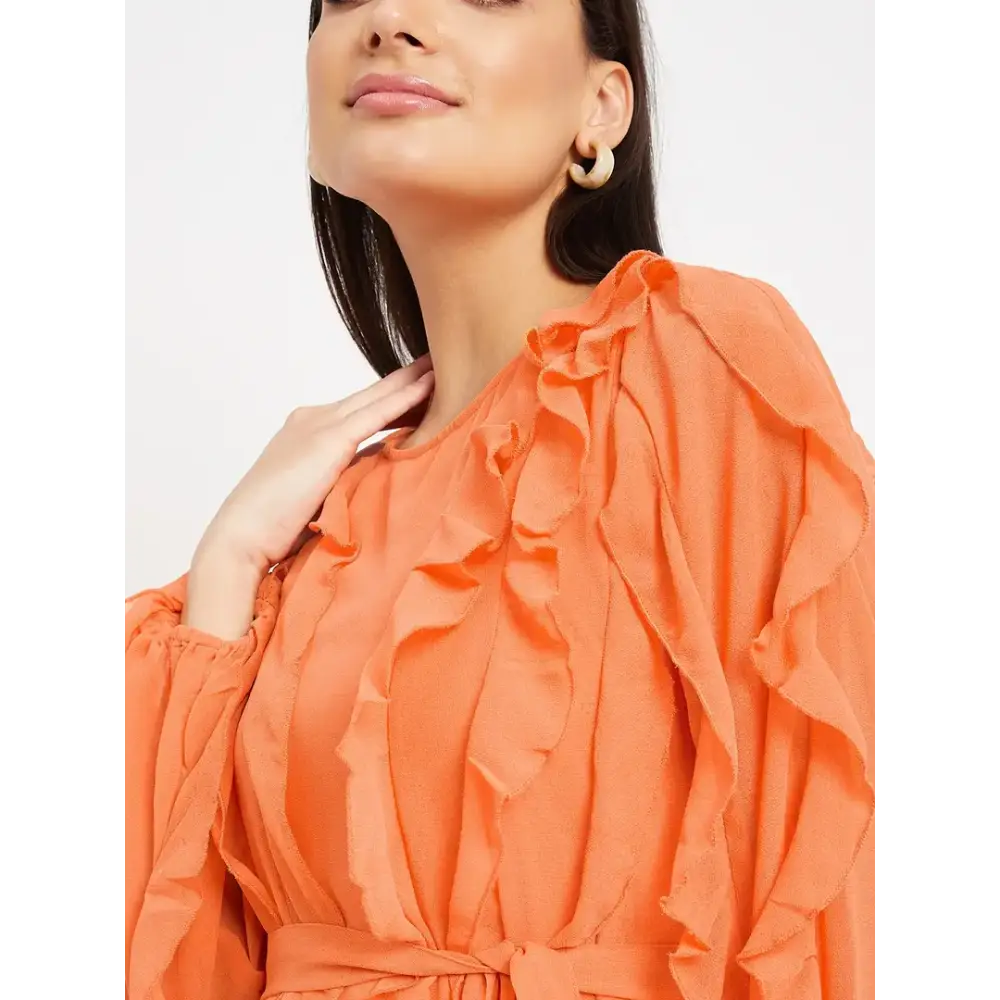 Drape and Dazzle Orange Stylish GGT Long Dress with Ruffle | Designer Dress for Women 