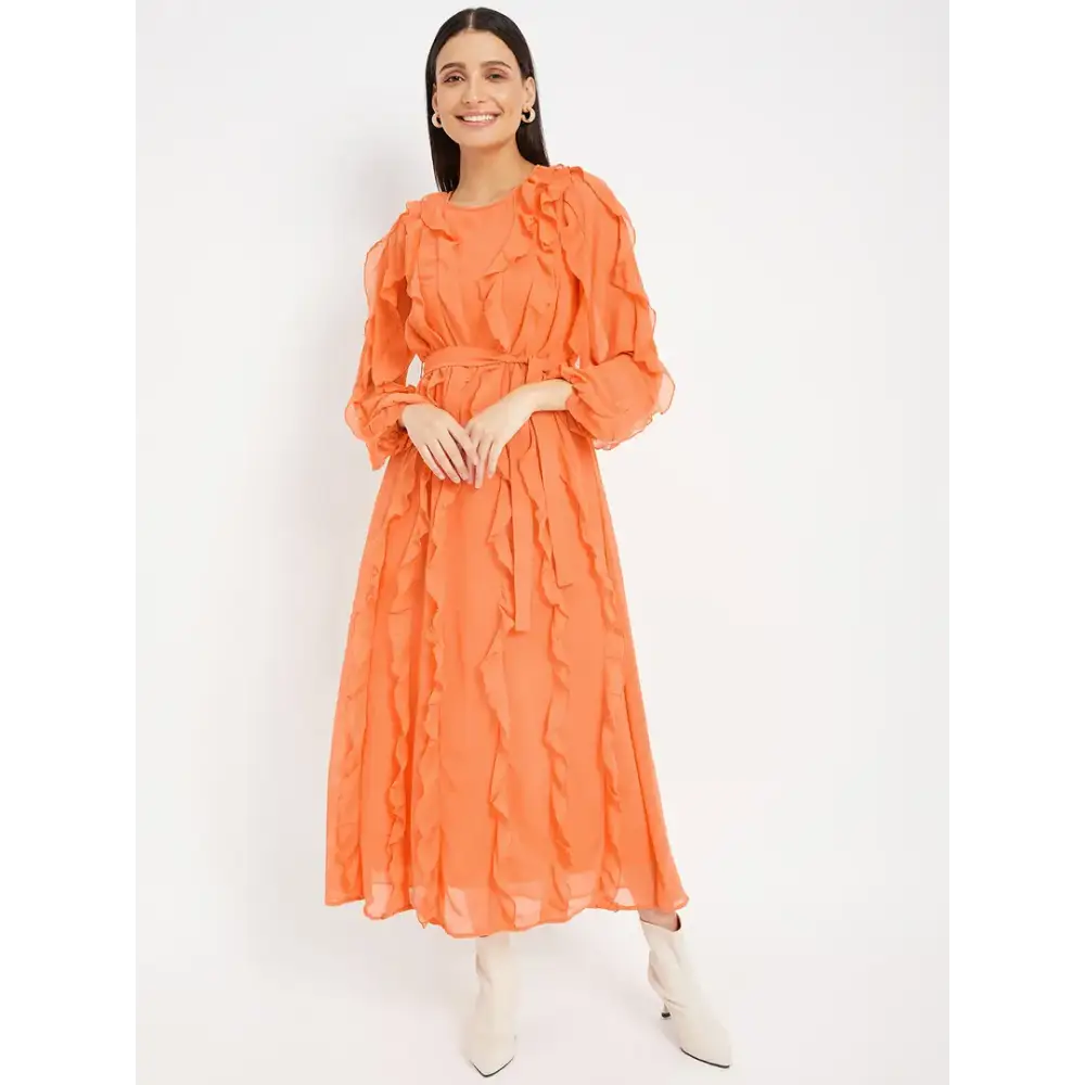 Drape and Dazzle Orange Stylish GGT Long Dress with Ruffle | Designer Dress for Women 