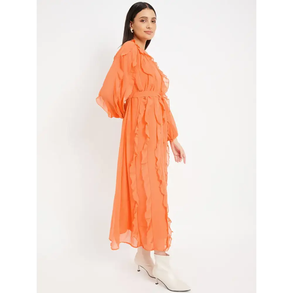 Drape and Dazzle Orange Stylish GGT Long Dress with Ruffle | Designer Dress for Women 