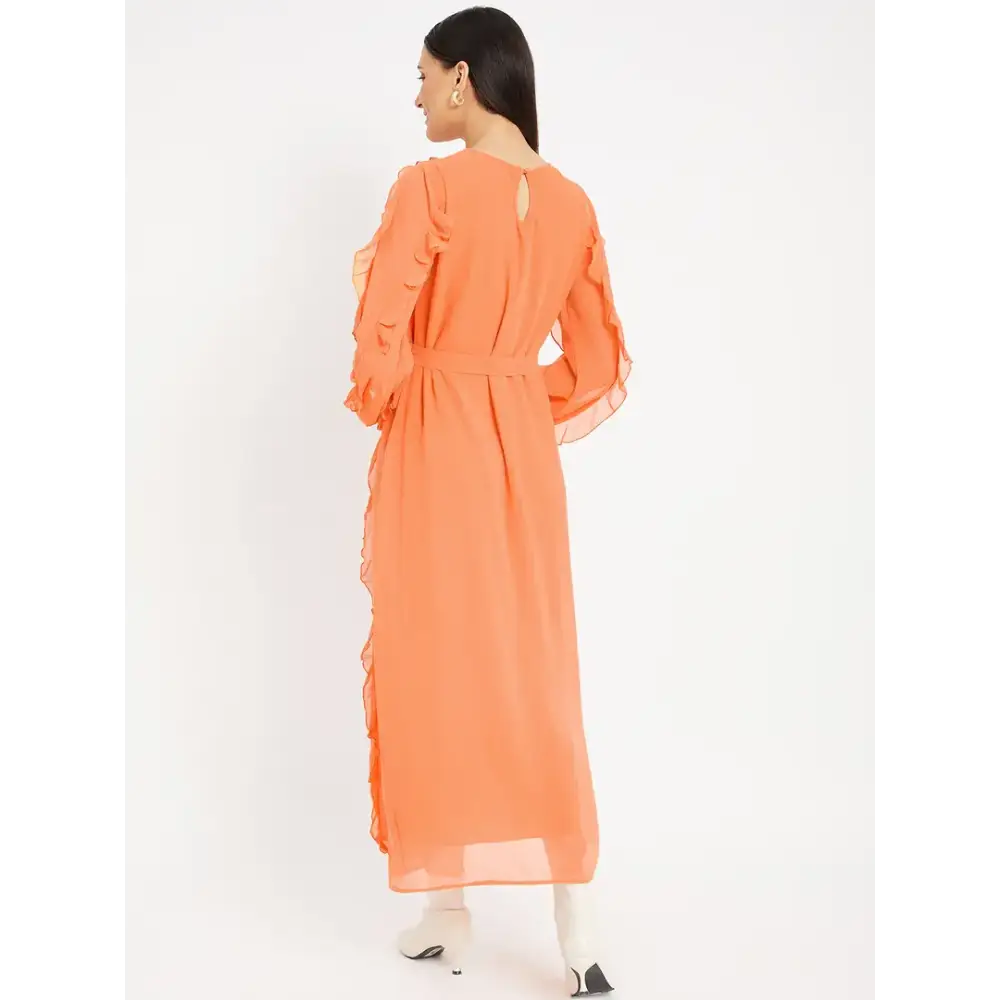 Drape and Dazzle Orange Stylish GGT Long Dress with Ruffle | Designer Dress for Women 