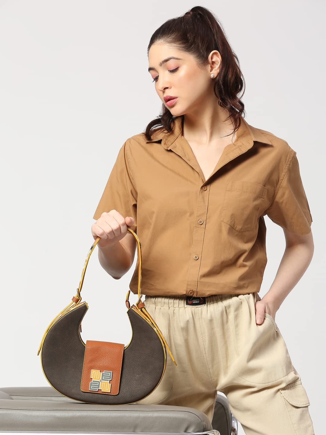 EUME Skin Collection Chestnut Sling Bag for Women Stylish, Choco Brown | Vegan Leather Women Handbag | Ladies Half Moon Shape Shoulder Bag | 