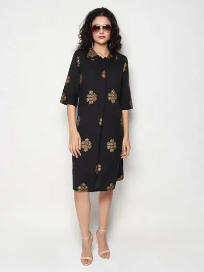 Elegant Black Cotton Linen Block Print Embroidered Dress For Women 