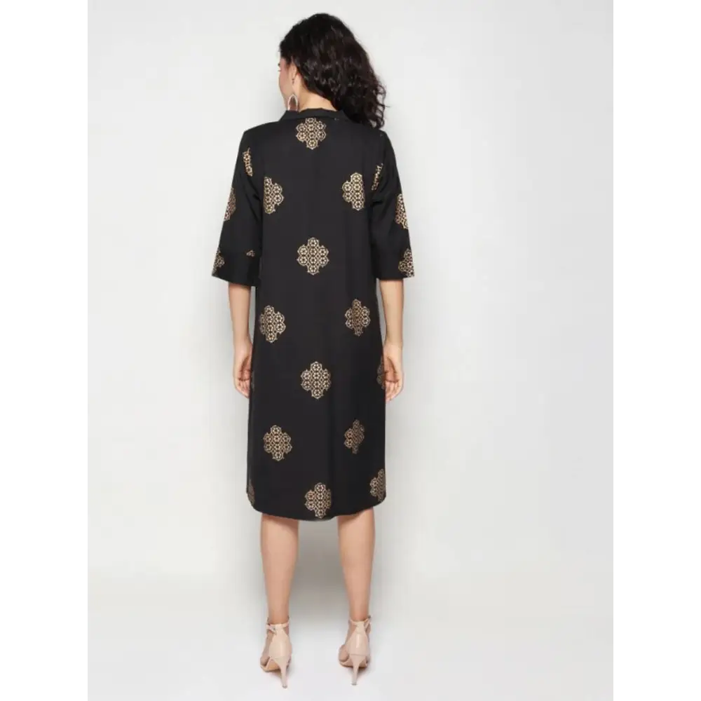 Elegant Black Cotton Linen Block Print Embroidered Dress For Women 