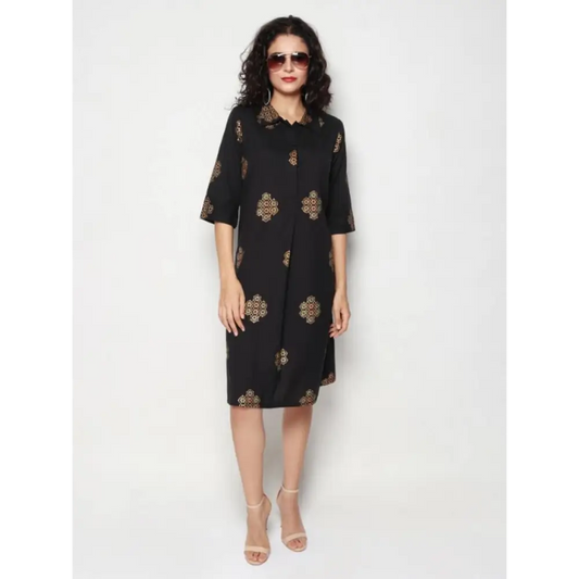 Elegant Black Cotton Linen Block Print Embroidered Dress For Women 
