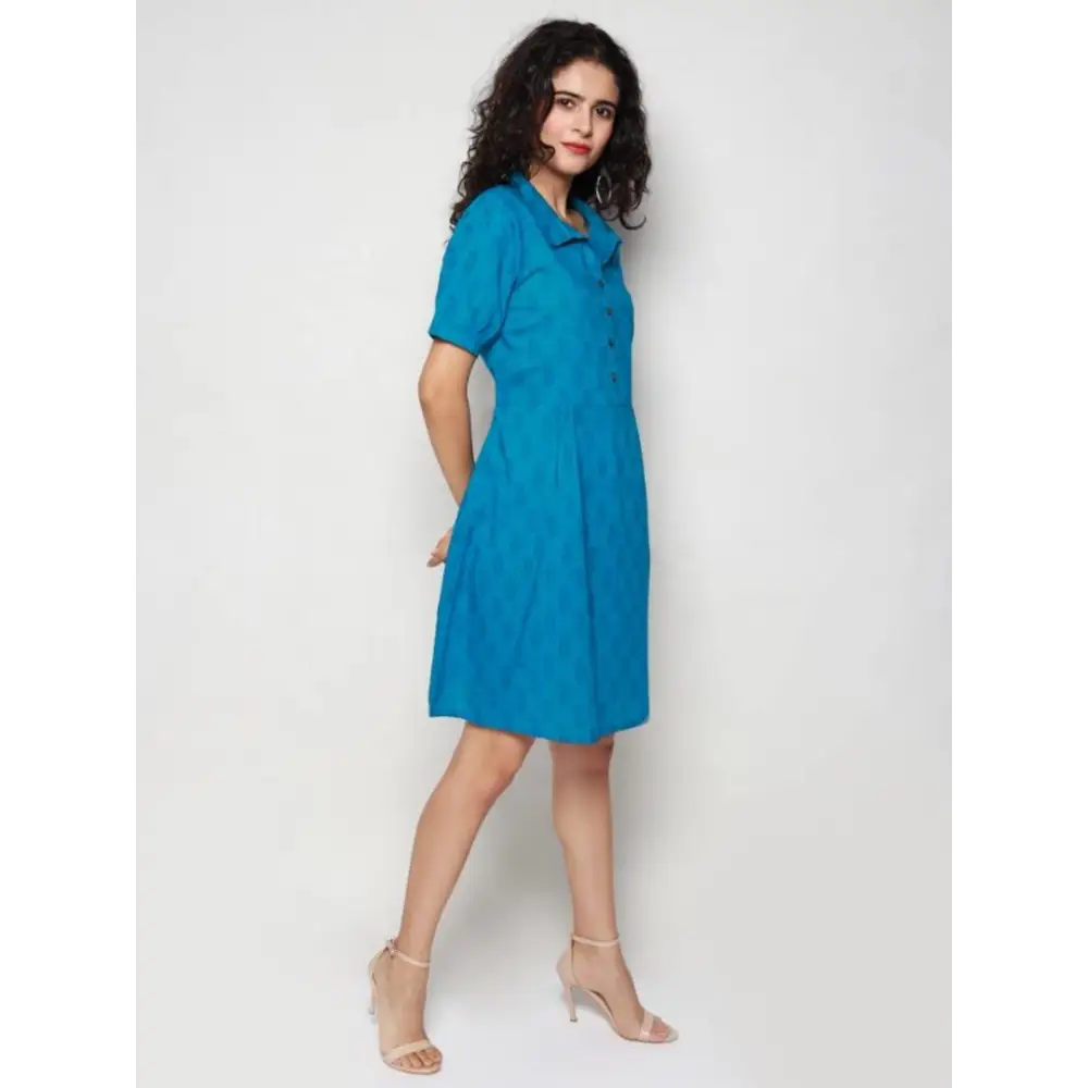 Elegant Blue Pure Cotton Floral Print Dress For Women 