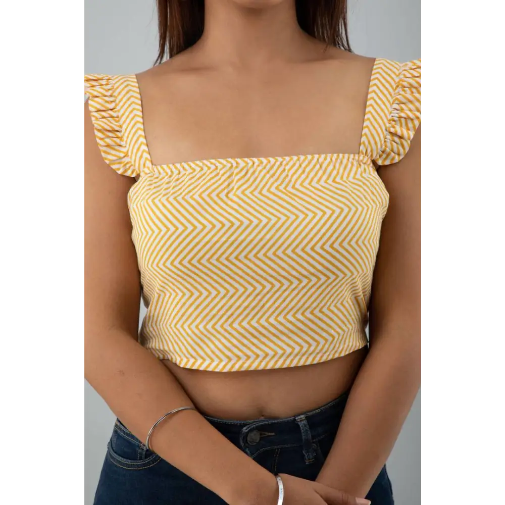 Elegant Cotton Zig Zag Western Wear Crop Top For Women (Yellow) 