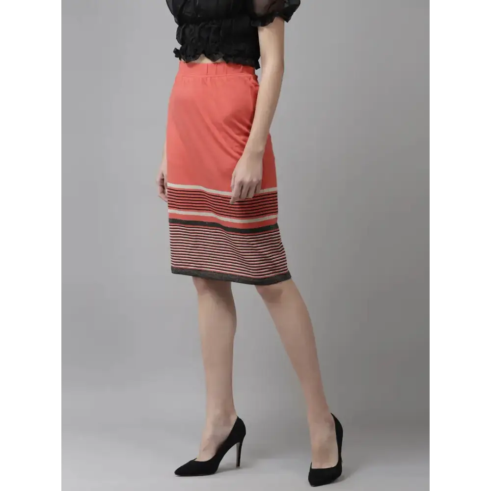 Elegant Knee Length Cotton Blend Gajri Stripe Skirt For Women 