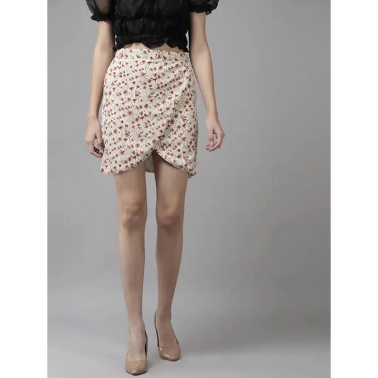 Elegant Mini Length Cotton Fawn Printed Skirt For Women 