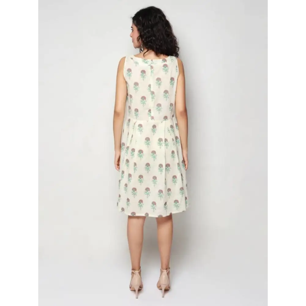 Elegant White Pure Cotton Floral Print Dress For Women 