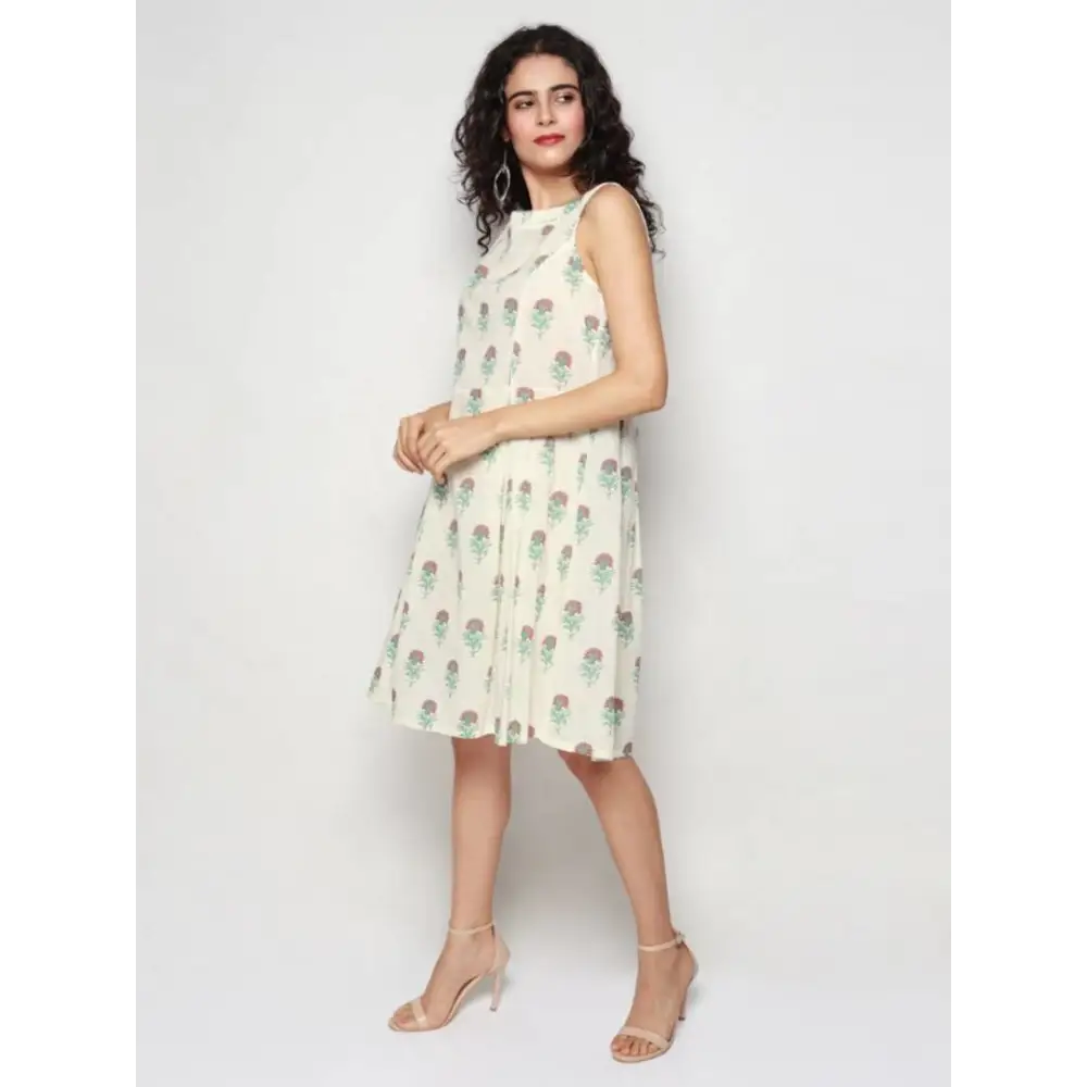 Elegant White Pure Cotton Floral Print Dress For Women 