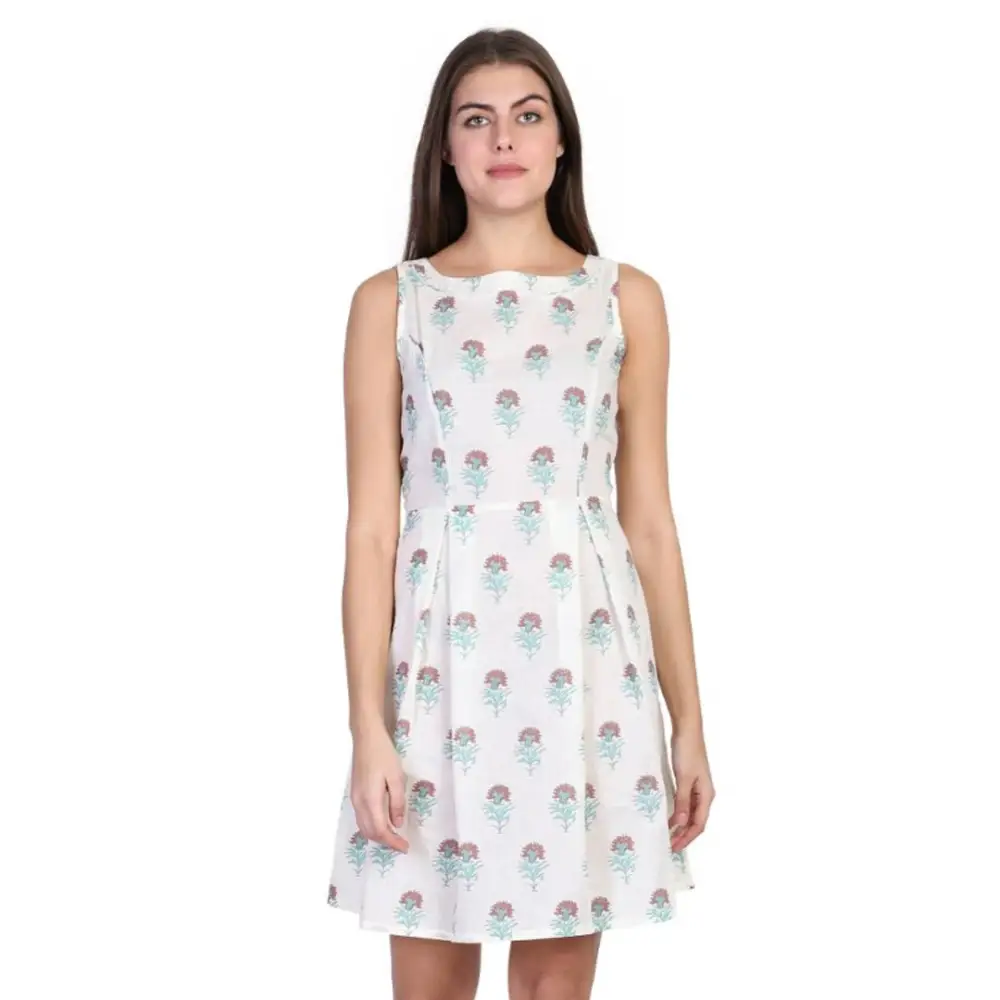 Elegant White Pure Cotton Floral Print Dress For Women 