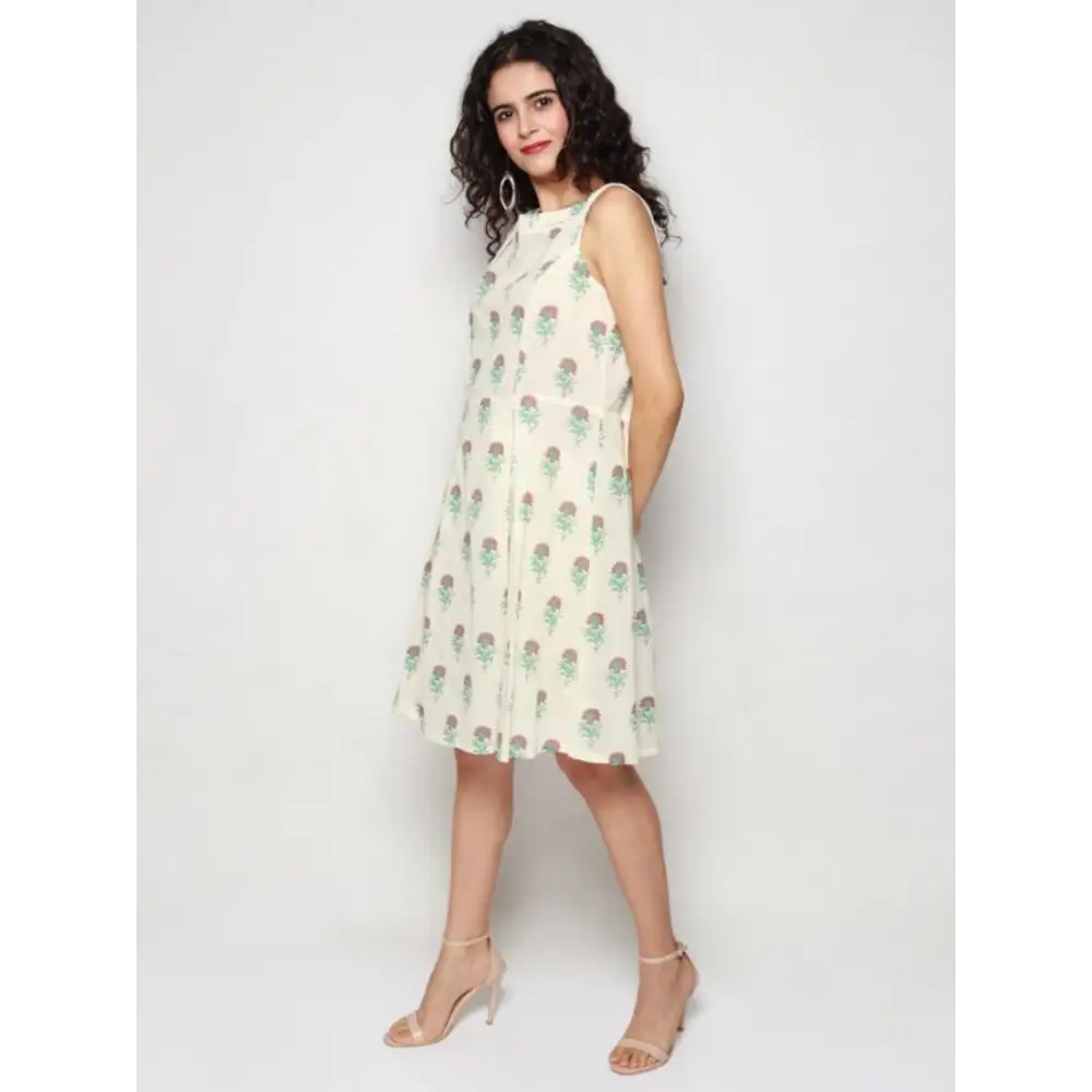 Elegant White Pure Cotton Floral Print Dress For Women 