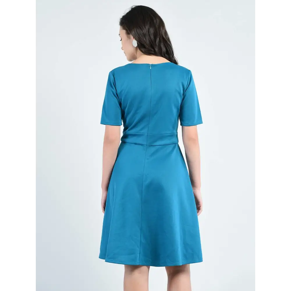 Elite Green Polyester Self Design V-Neck Knee Length Dress For Women 