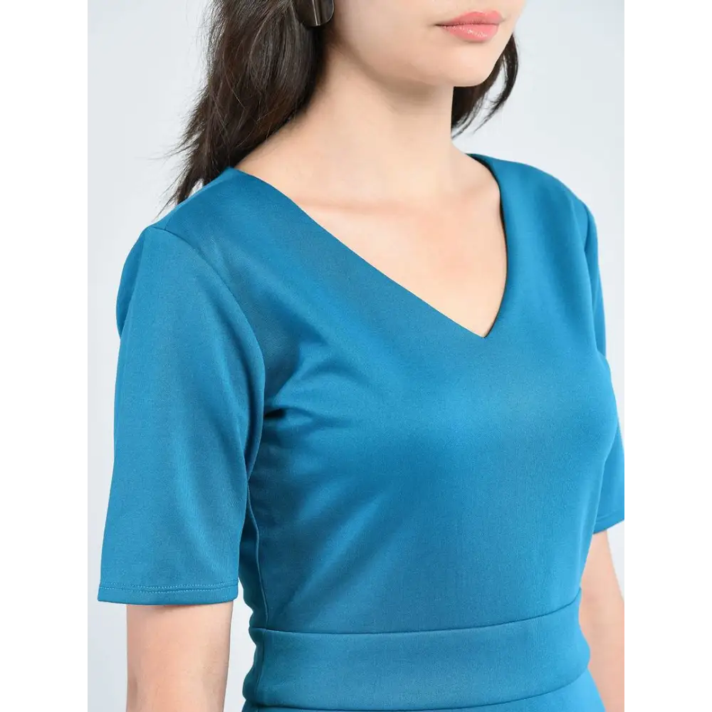 Elite Green Polyester Self Design V-Neck Knee Length Dress For Women 