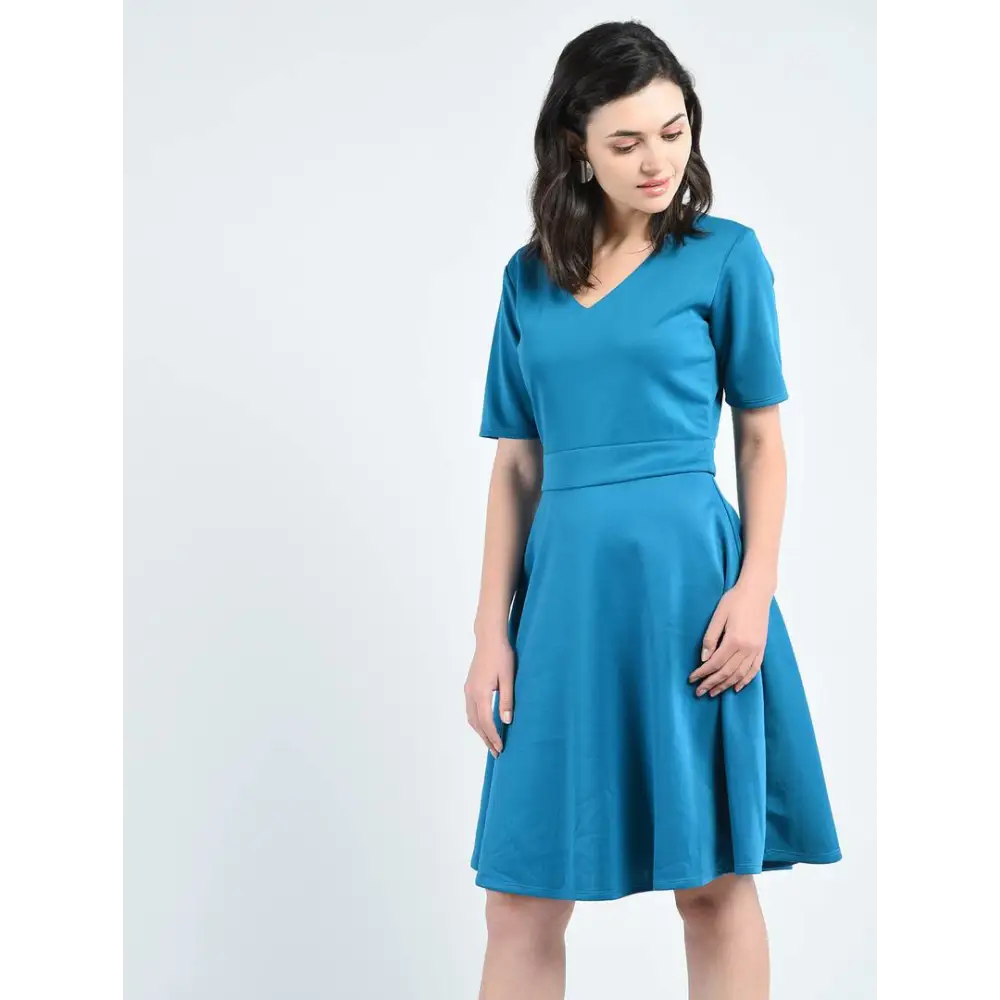 Elite Green Polyester Self Design V-Neck Knee Length Dress For Women 